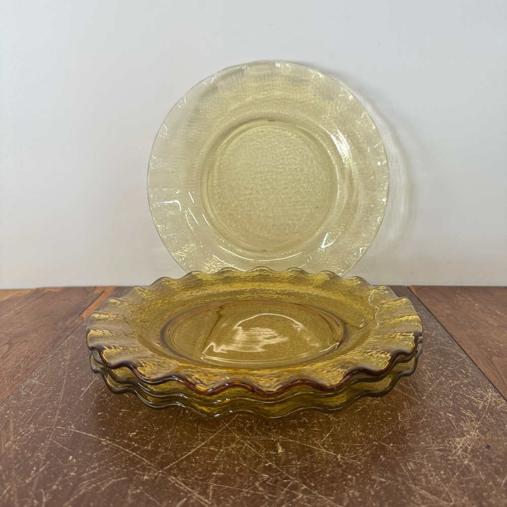 Vintage Mid-Century MCM Hazelware Yellow Glass Dinner Plates Pebbled Ruffle Edge